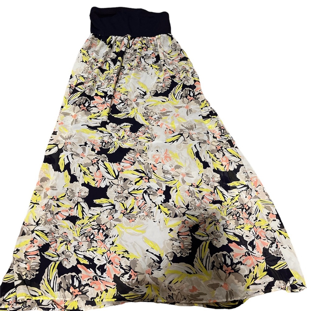Blue/Navy, Green, Gray, and Pink Floral Target Strapless Maxi Dress